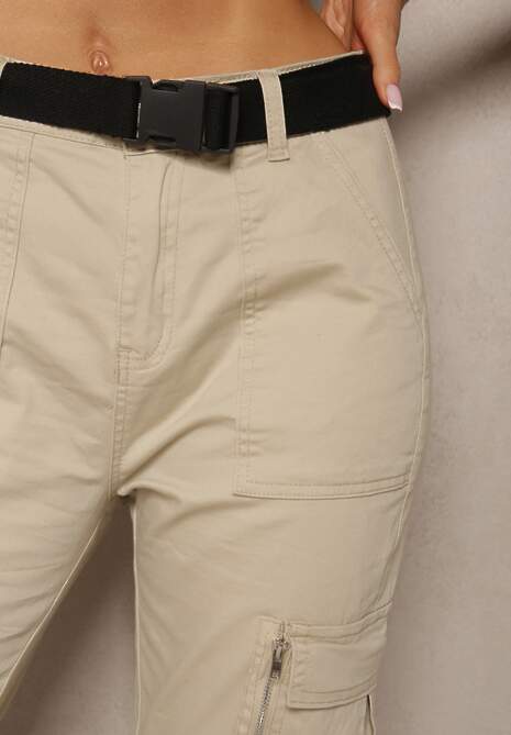 Beżowe Spodnie High Waist z Bawełny o Kroju Bojówek z Gumką na Nogawkach i PaskiemCitia