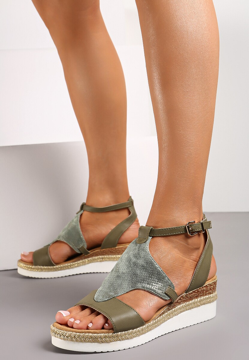 Zielone Sandały na Niskim Koturnie z Plecionką Bamova