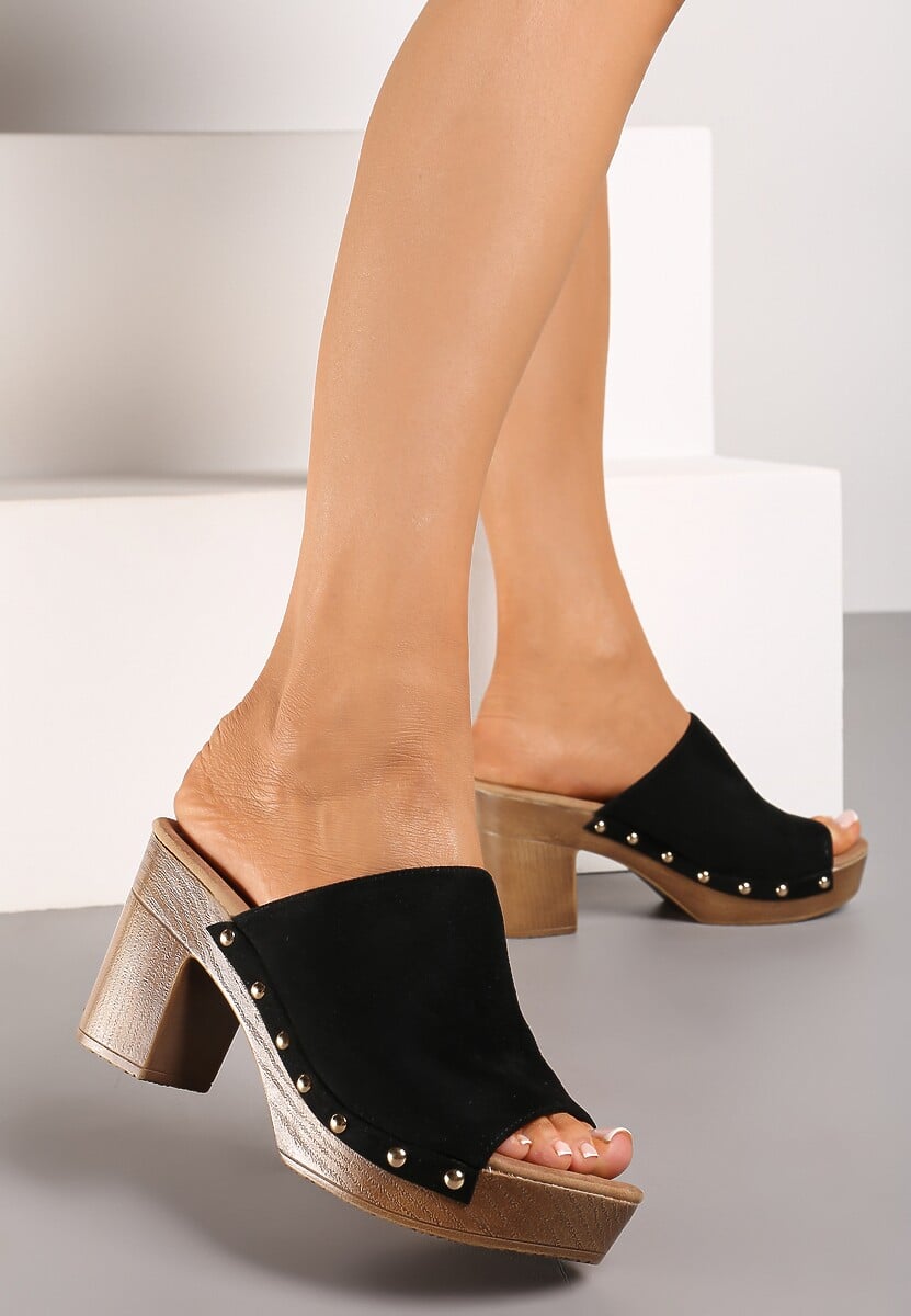 Czarne Klapki z Imitacji Skóry na Słupku i Platformie Ozdobione Nitami Joralea