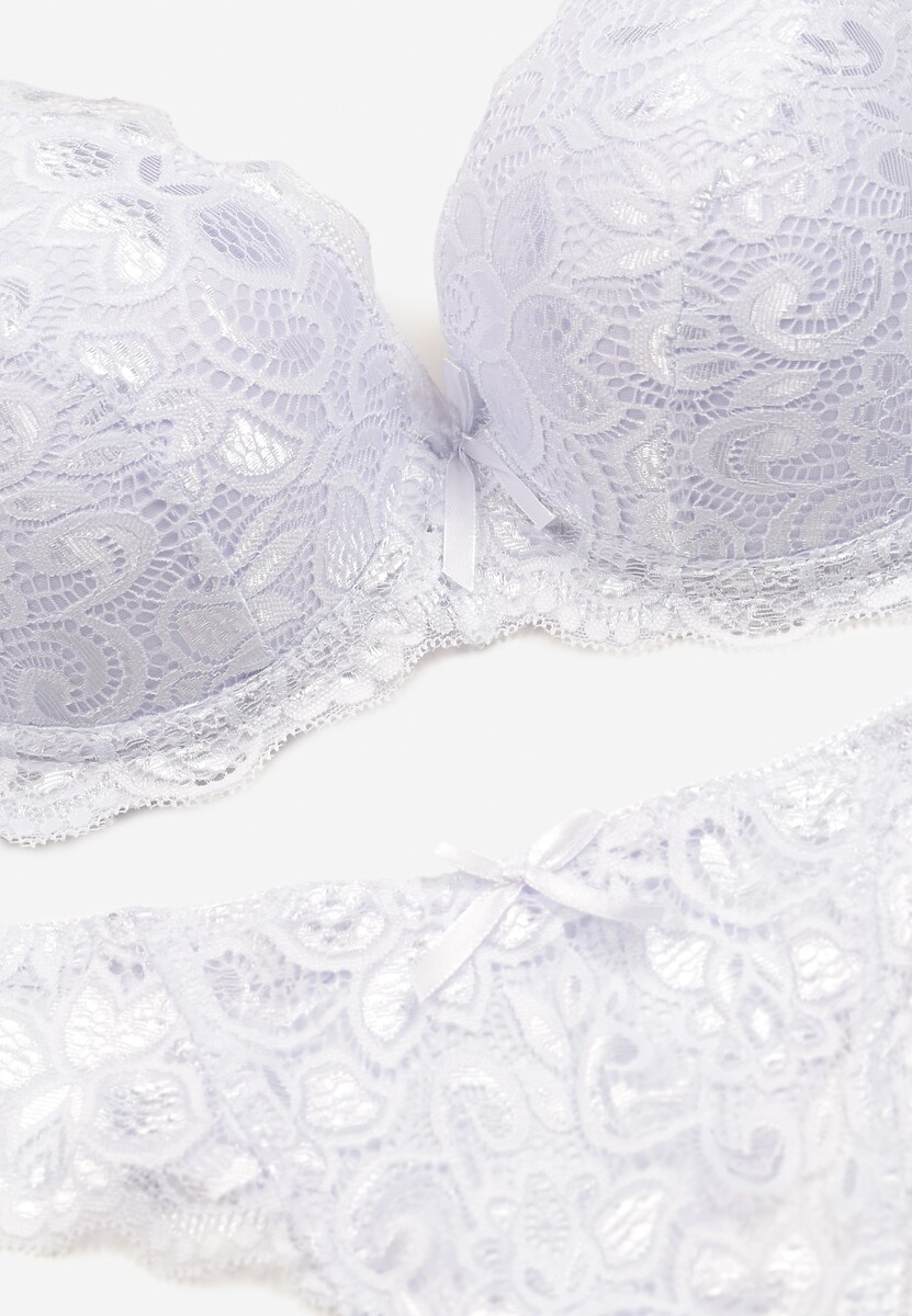Biały Komplet Bielizny z Koronką i Kokardkami Biustonosz i Stringi Nasorinne