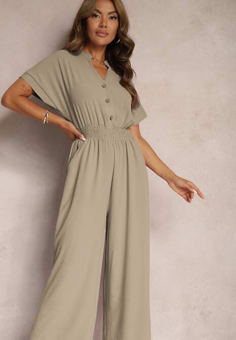 Ciemnozielony Taliowany Kombinezon z Wiskozy Zapinany na Guziki Frisea