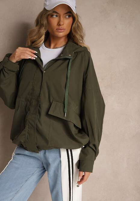 Ciemnozielona Kurtka o Fasonie Oversize z Kapturem Malinessa