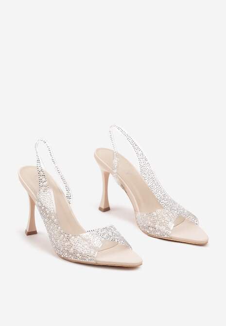 Beżowe Sandały na Szpilce z Transparentną Cholewką Ozdobione Perełkami i Cyrkoniami Risaras