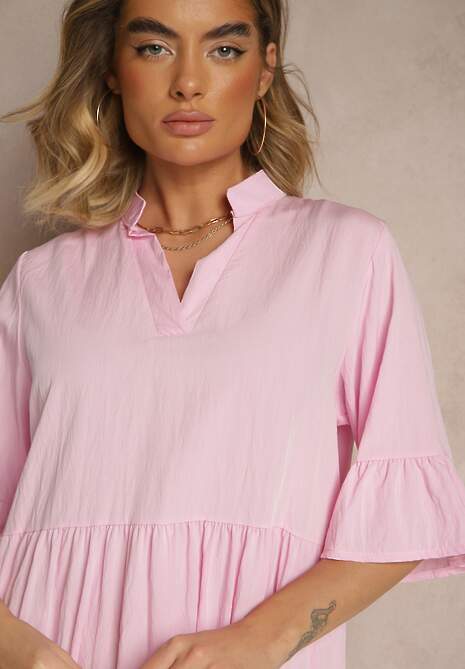 Różowa Rozkloszowana Sukienka z Wiskozą i Falbanami Eviranna