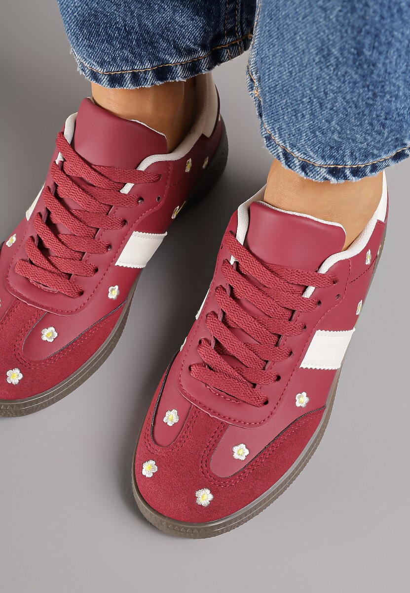 Bordowe Sneakersy Tenisówki Ozdobione Kwiatkami Zummine