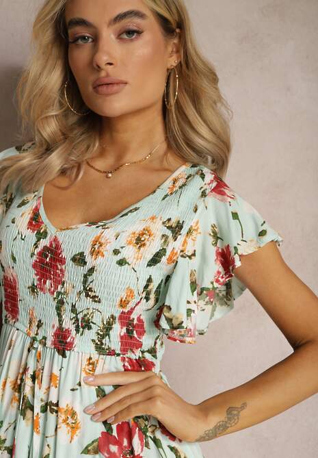 Jasnozielona Wiskozowa Sukienka w Kwiatowy Print Rozkloszowana Maxi Veradisia