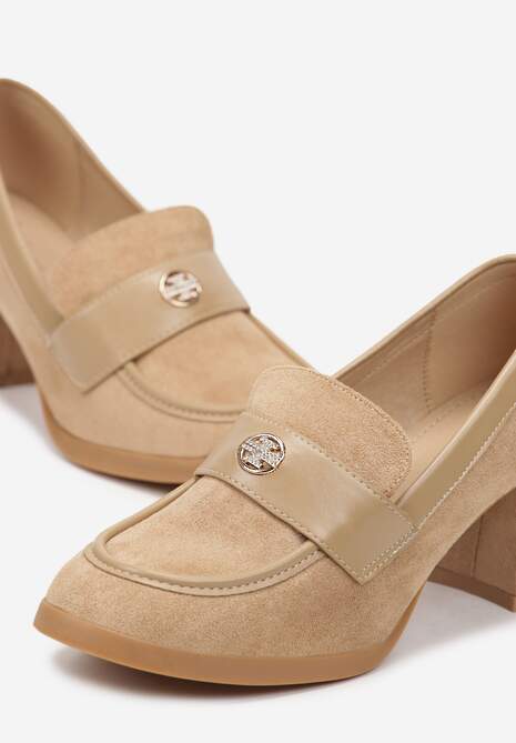 Ciemnobeżowe Półbuty na Grubym Słupku z Paskiem z Klamerką Elire