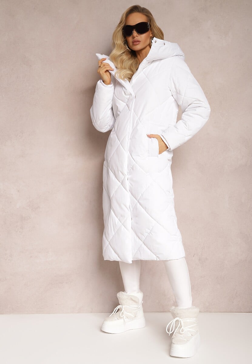 Biała Pikowana Kurtka Płaszcz za Kolano z Kapturem Kinassan