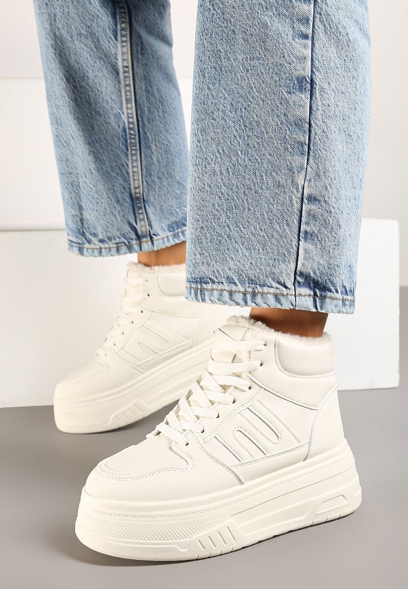 Beżowe Sneakersy na Platformie Mocno Ocieplane Futerkiem Lealwen