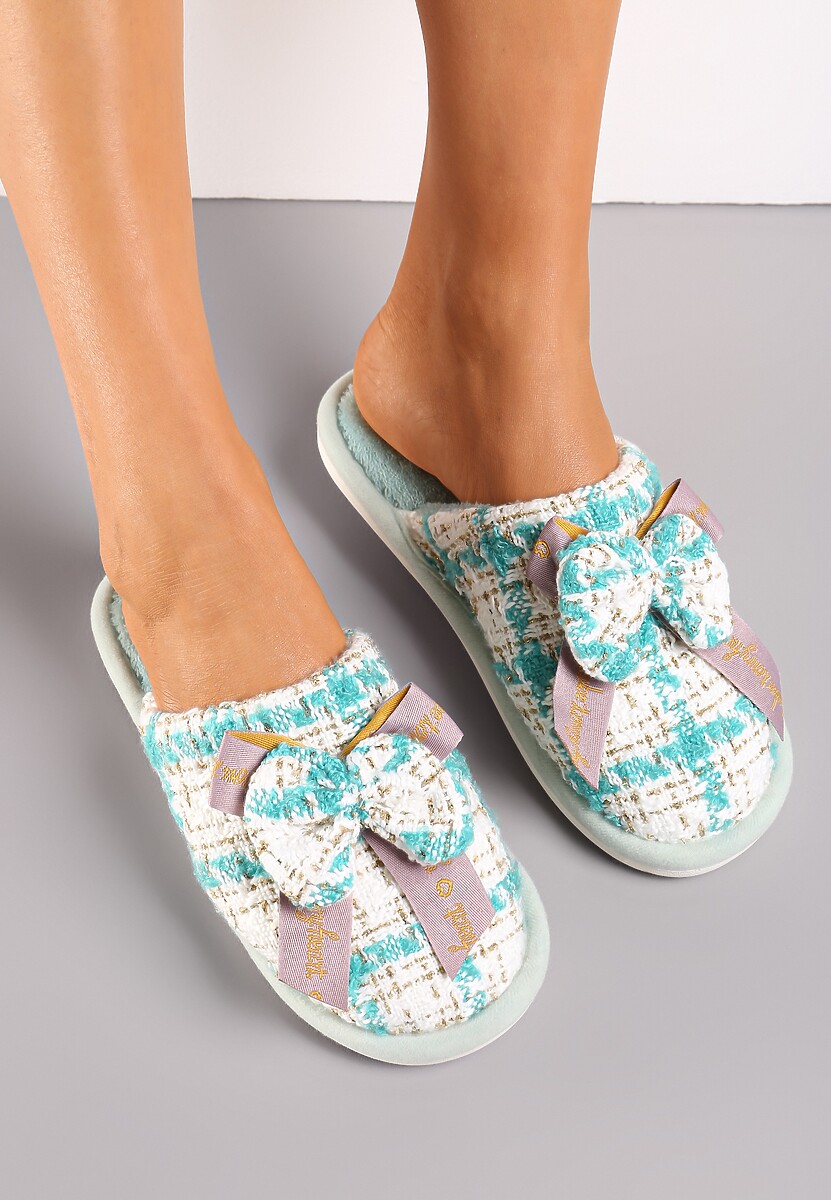 Niebieskie Wsuwane Kapcie w Kratkę z Metalicznej Nici z Kokardką z Przodu Kapati