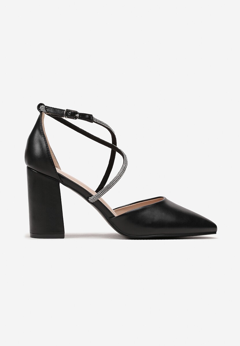 Czarne Czółenka na Słupku z Noskiem w Szpic i Paskami w Cyrkonie Grigorina