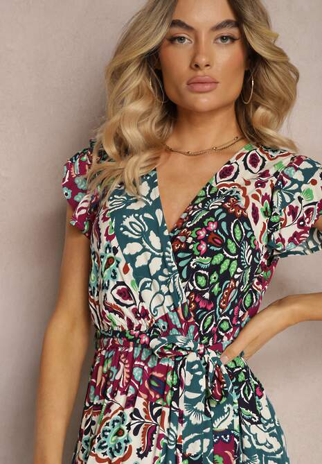 Fioletowo-Zielona Sukienka z Krótkim Rękawem z Wiskozy z Gumką w Talii z Materiałowym Paskiem i  Dimonte