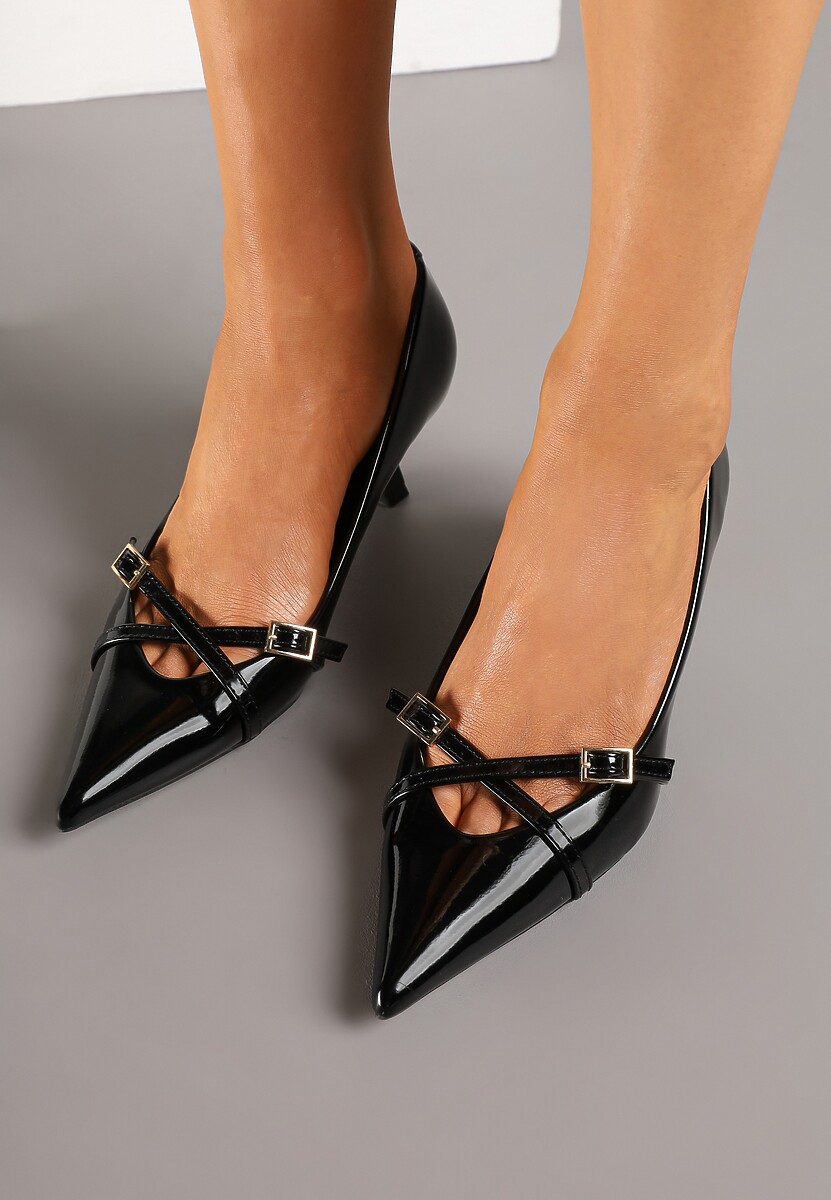 Czarne Czółenka Lakierowane na Szpilce w Stylu Kaczuszki Ozdobione Paskami Laloma