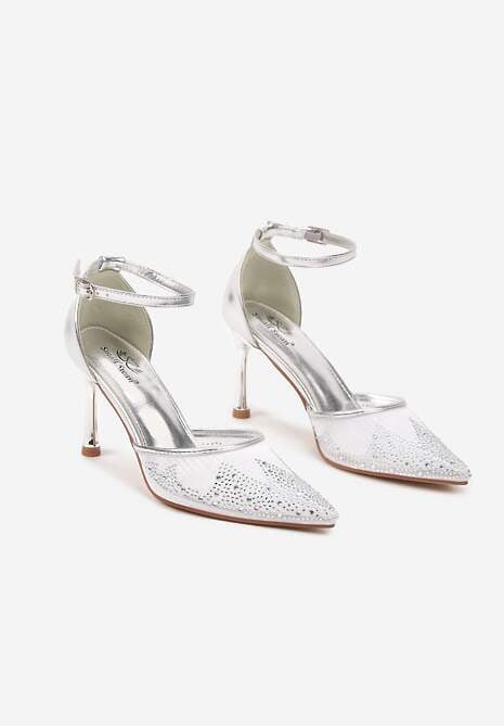 Srebrne Sandały Szpilki z Siateczkowym Noskiem w Szpic Zdobionym Cyrkoniami Alirenda