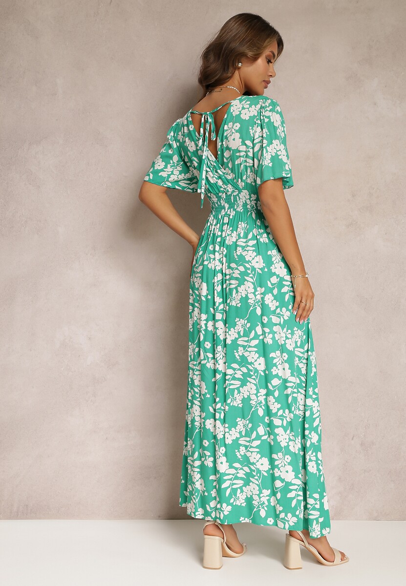 Zielona Kopertowa Sukienka Maxi z Gumką w Pasie i Wiązaniem na Plecach Dangela