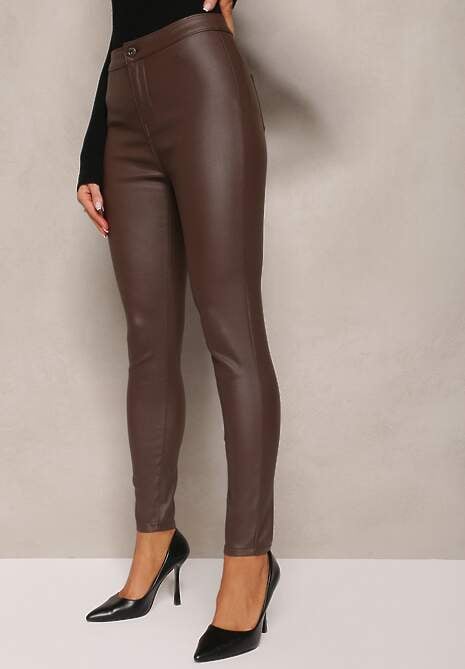 Brązowe Spodnie z Ekoskóry o Fasonie Skinny Sonowa