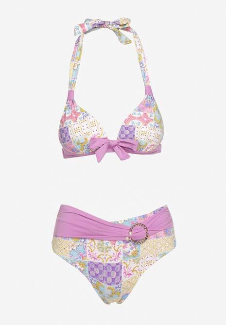 Fioletowo-Beżowe Bikini w Mozaikowy Wzór z Biżuteryjną Klamerką Vextella