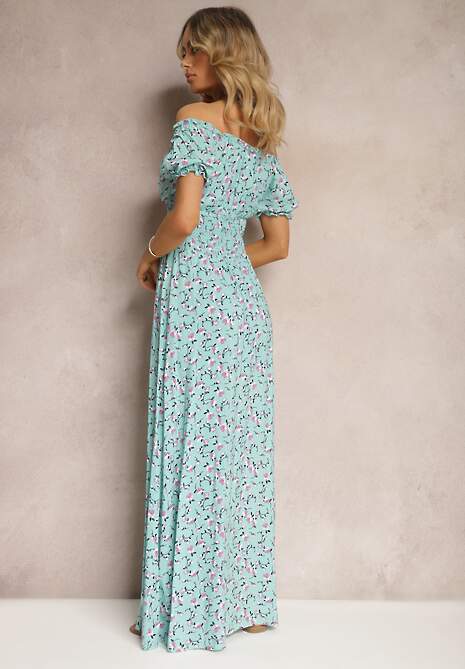 Niebieska Wiskozowa Sukienka w Kwiaty z Trójkątnym Dekoltem i Gumką w Talii Lasteri