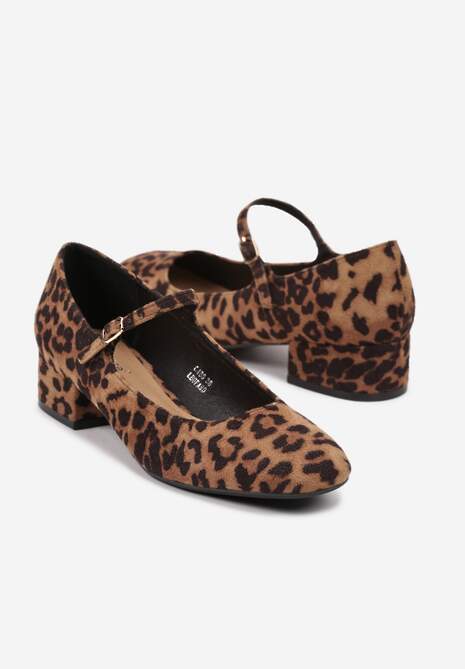 Brązowe Czółenka w Panterkę na Słupku z Ozdobnym Paskiem i Sprzączką Venetiana