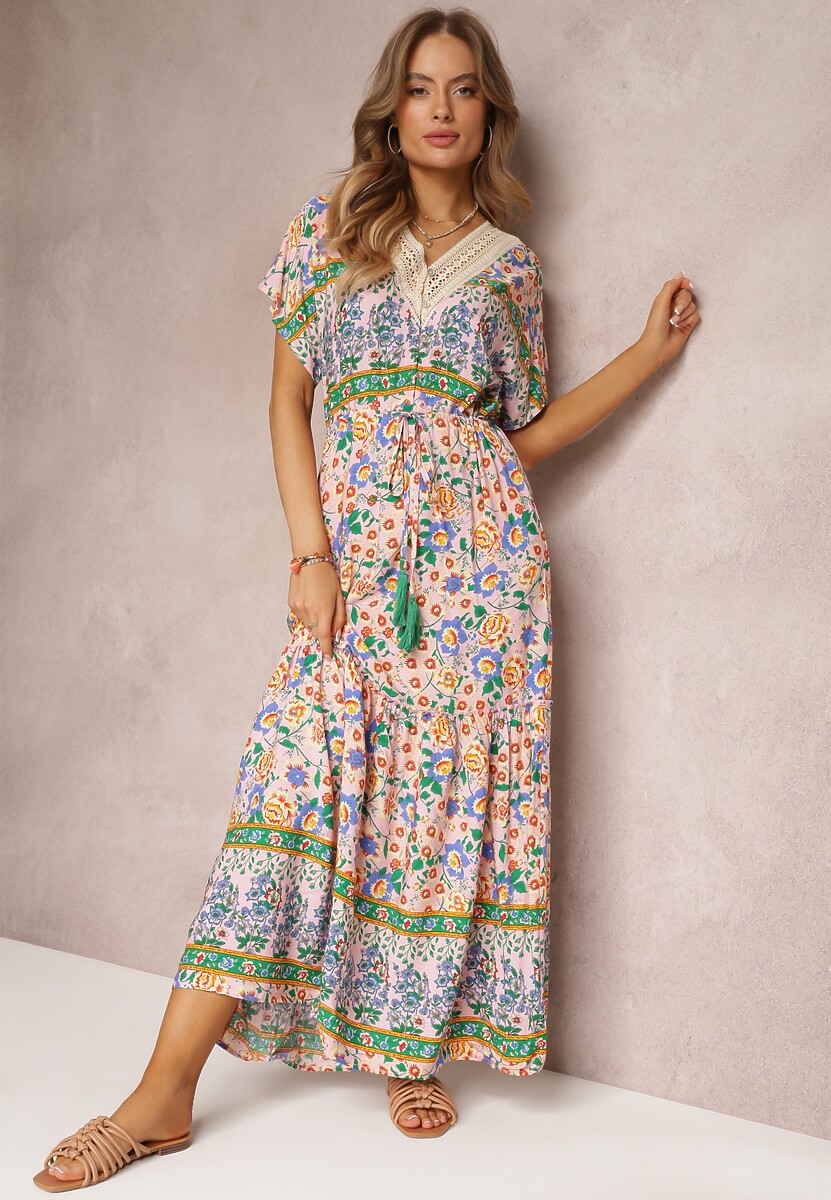 Różowo-Niebieska Sukienka Maxi ze Sznurkiem w Talii i Koronkową Wstawką przy Dekolcie Mererid