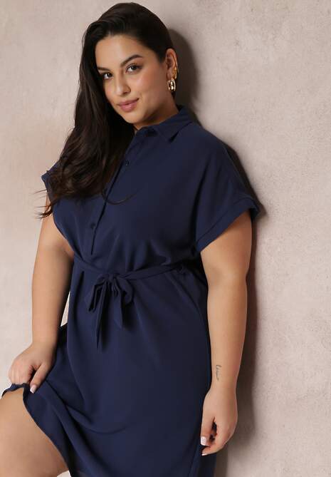 Granatowa Sukienka Koszulowa Wiązana w Pasie z Krótkimi Rękawami Wellwood