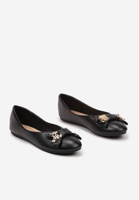 Czarne Płaskie Balerinki Ozdobione Misiem i Kokardą Worevelis