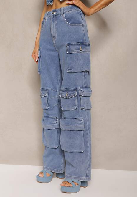 Niebieskie Spodnie High Waist z Szerokimi Nogawkami i Wieloma Kieszeniami Relada