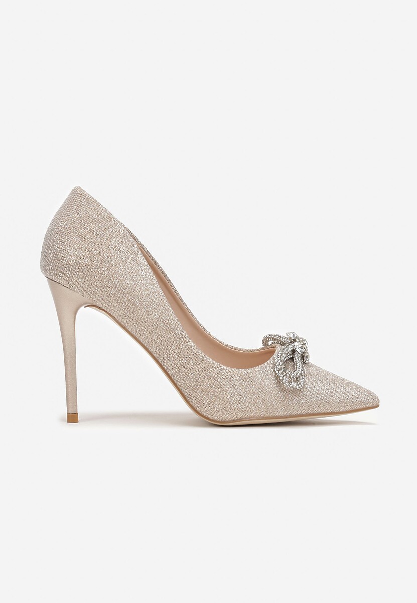 Złote Szpilki z Brokatową Cholewką i Kokardką z Cyrkoniami Yonea