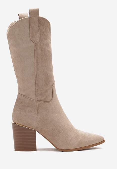 Ciemnobeżowe Botki w Stylu Kowbojek na Obcasie z Długą Cholewką Mabilla