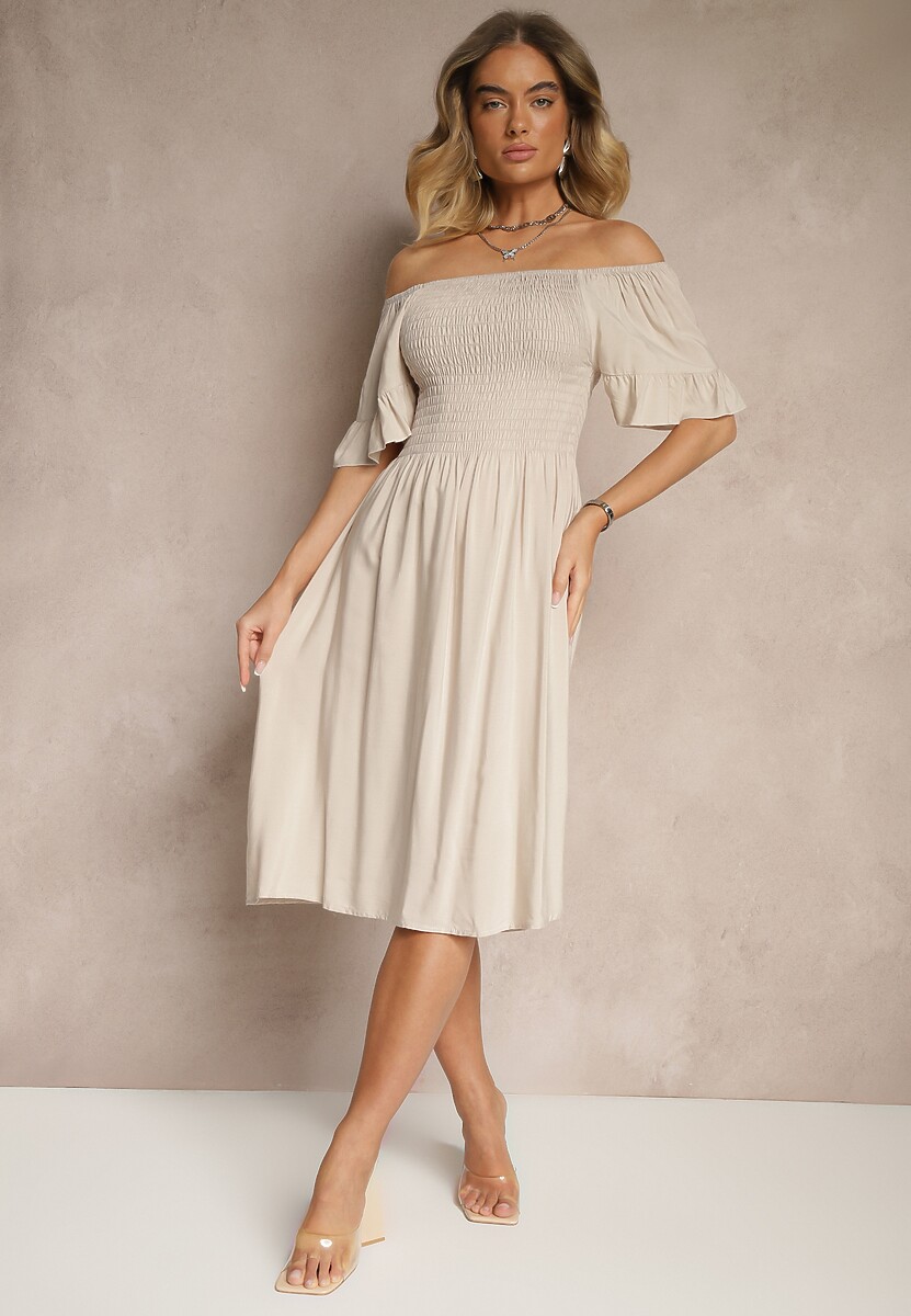 Jasnoniebieska Sukienka Rozkloszowana z Bawełny z Bufkami w Ramionach i Gumkami w Biuście Norlio