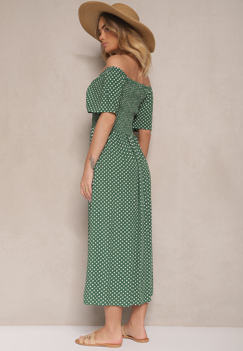 Zielona Bawełniana Sukienka o Rozkloszowanym Kroju Zdobiona Printem w Groszki Lisanovia
