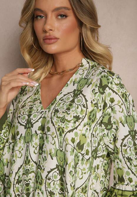 Zielona Sukienka z Wiskozą o Rozkloszowanym Kroju w Etniczny Print Aledia