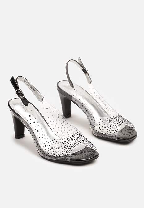 Czarne Transparentne Sandały na Obcasie z Cyrkoniami i Wkładką ze Skóry Naturalnej Evelreia