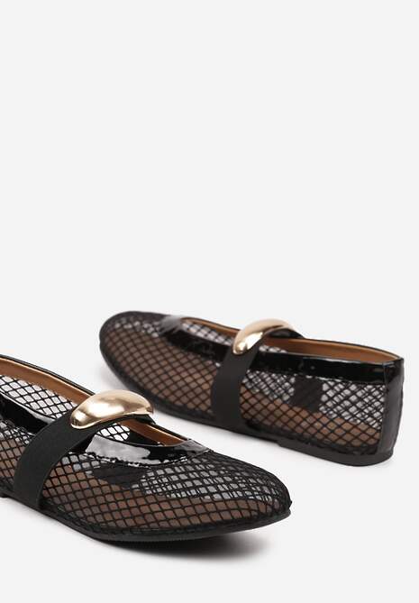 Czarne Balerinki z Siateczkową Cholewką i Metaliczną Aplikacją Tathelisa