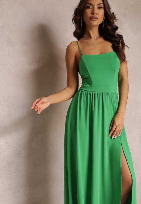 Zielona Rozkloszowana Sukienka Maxi na Cienkich Ramiączkach z Rozporkiem Weslyn