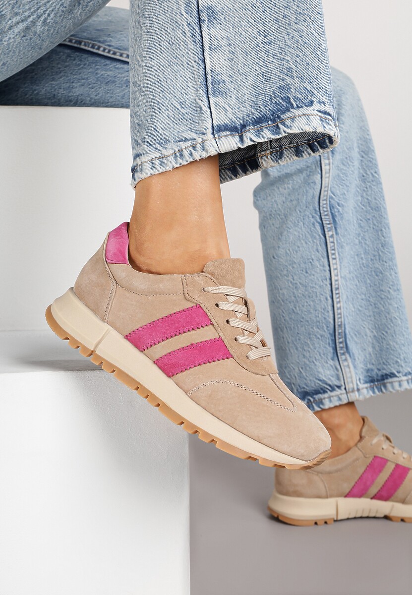Beżowo-Fuksjowe Sneakersy ze Skóry Naturalnej z Paskami Kiarre