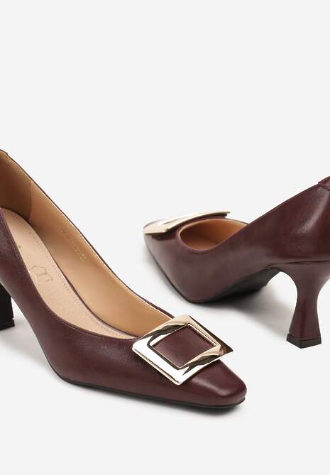 Bordowe Czółenka Vices ze Skórzaną Wkładką i Metaliczną Klamerką Berrine