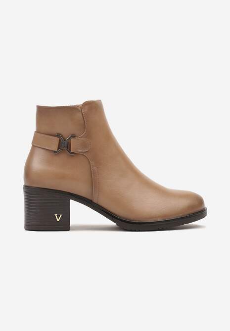 Ciemnobeżowe Botki na Słupkowym Obcasie Zdobione Elegancką Aplikacją przy Cholewce Ninnarella