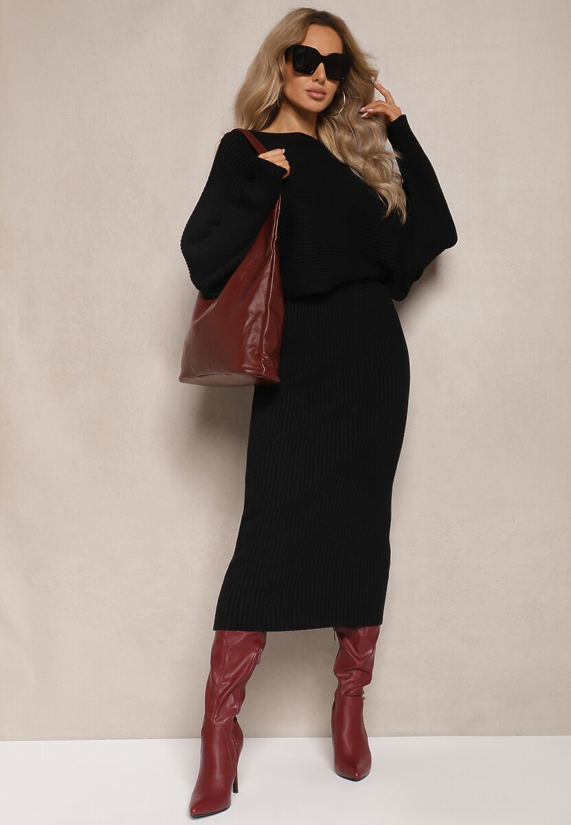 Czerwony Komplet z Wiskozą w Prążki Spódnica z Gumką w Pasie i Góra o Kroju Nietoperza Korttisa