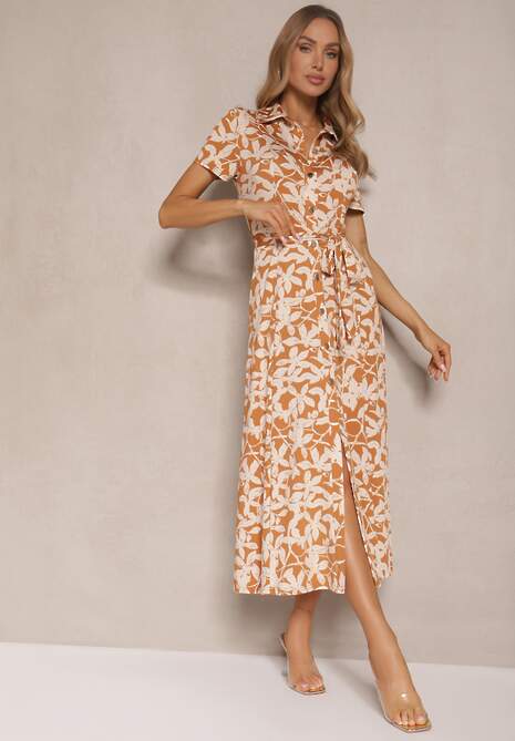 Beżowa Kwiecista Sukienka z Wiskozą o Koszulowym Kroju z Wiązanym Paskiem Zeranella