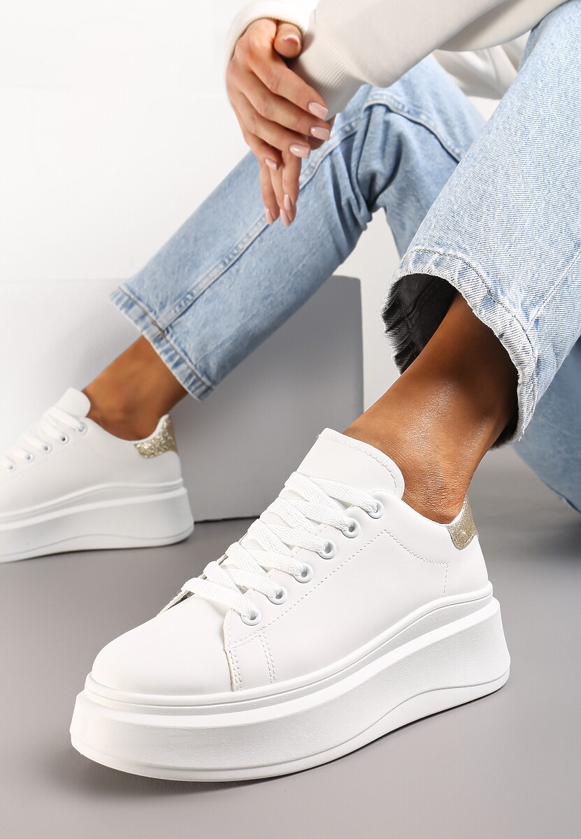 Biało-Złote Sneakersy Ozdobione Brokatem na Platformie Aeliris