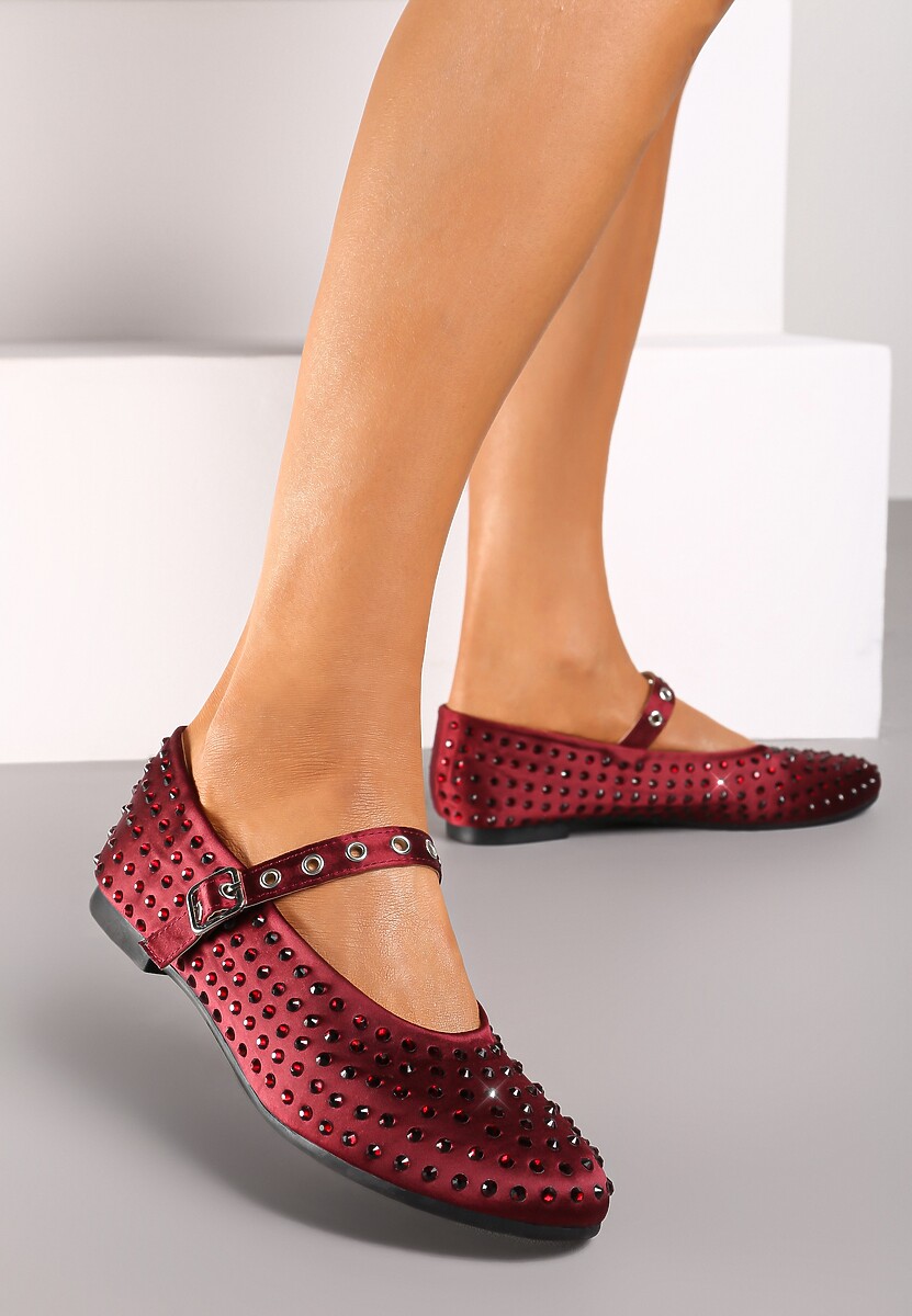 Bordowe Cyrkoniowe Balerinki w Stylu Mary Jane na Płaskiej Podeszwie z Ozdobnym Paskiem Armiola