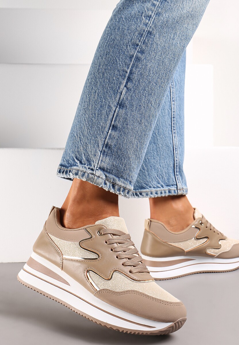 Ciemnobeżowe Sznurowane Sneakersy na Płaskiej Grubej Podeszwie z Brokatem Sincla