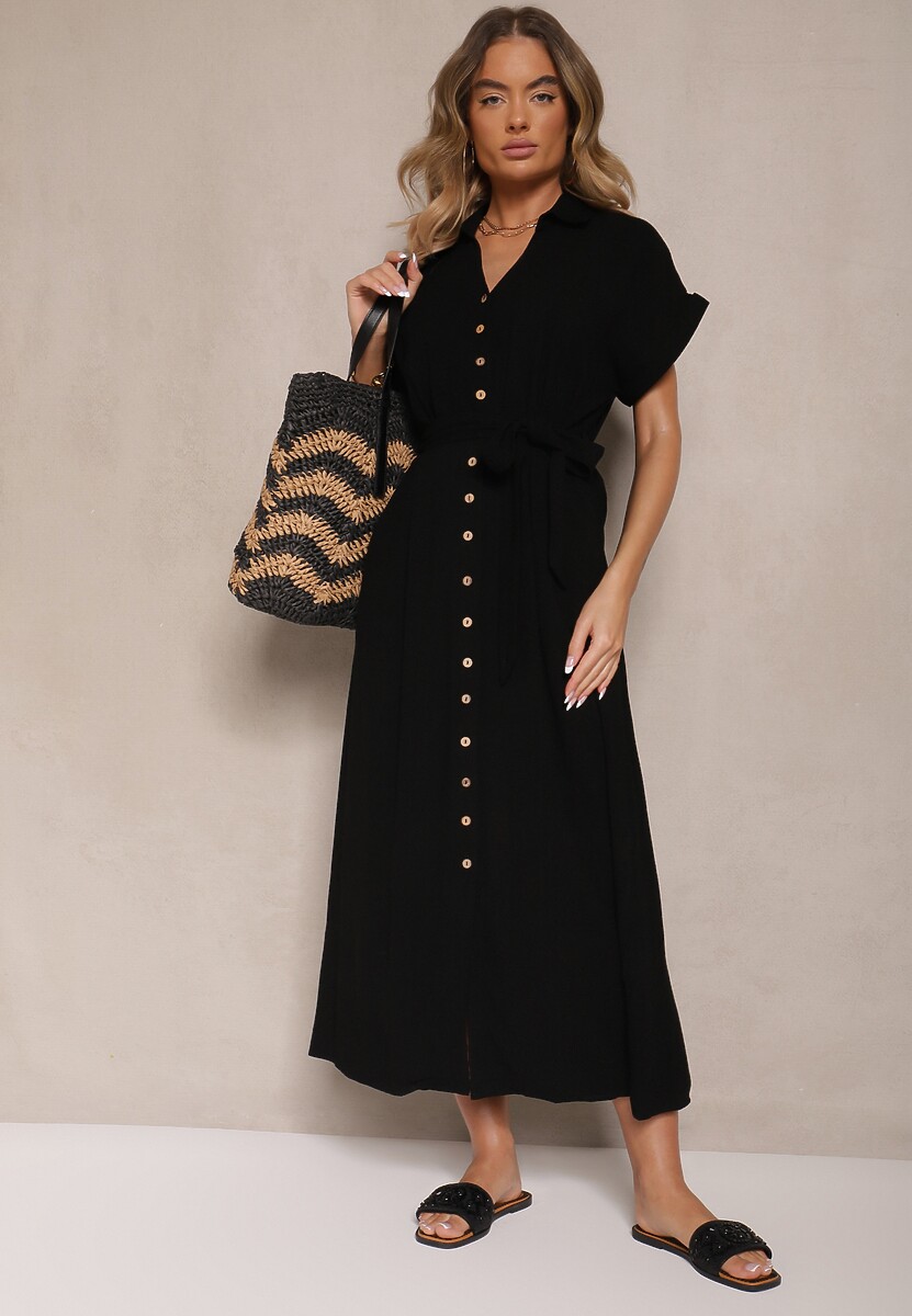 Czarna Sukienka z Wiskozy i Lnu o Koszulowym Kroju z Paskiem Efralissea
