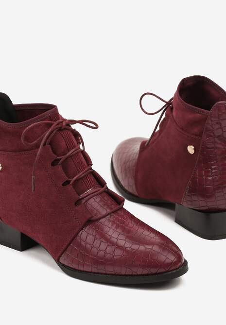 Bordowe Sznurowane Botki do Kostki Vices Zdobione Tłoczeniem Skóry Węża Wedvire
