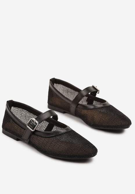 Czarne Balerinki Vices w Stylu Mary Jane z Siateczki z Metalicznym Połyskiem Kolarilia