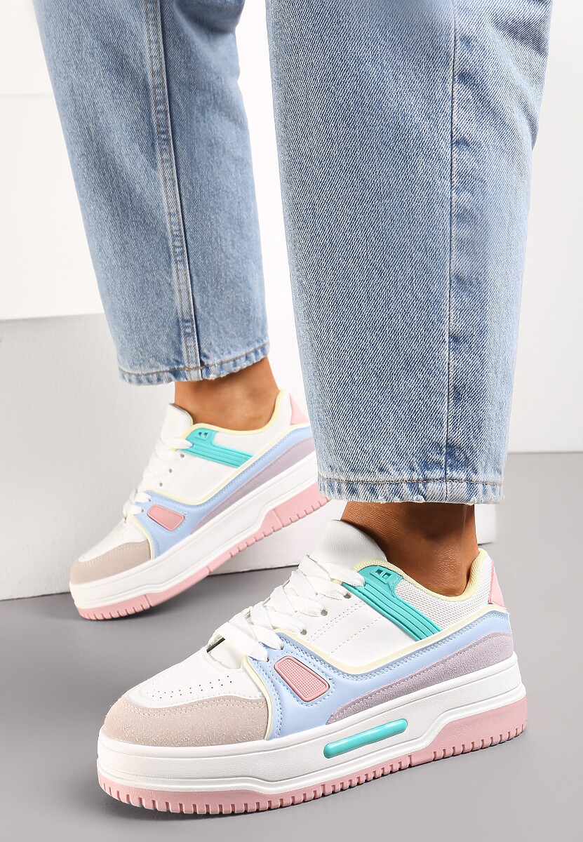 Biało-Różowe Sneakersy ze Wstawkami z Ekozamszu na Grubej Podeszwie Anecta