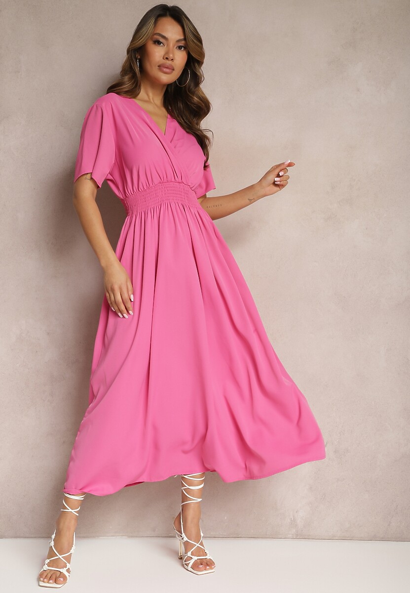 Niebieska Rozkloszowana Sukienka Długa o Kopertowym Kroju Alarava