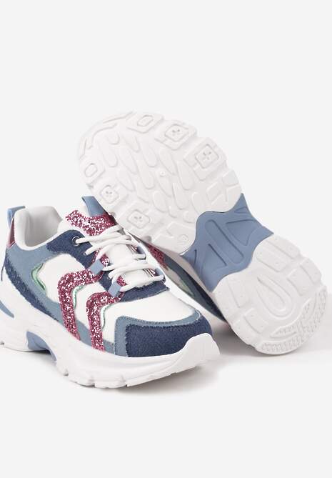 Niebieskie Sznurowane Sneakersy na Platformie Ozdobione Brokatem Betira