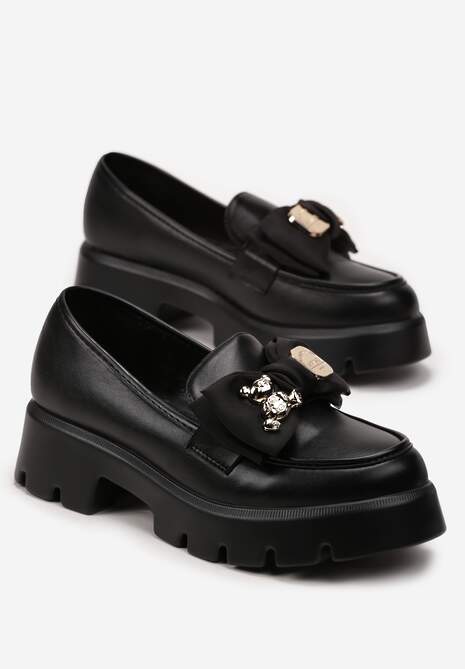 Czarne Wsuwane Mokasyny z Ekoskóry z Ozdobną Kokardką Nimena